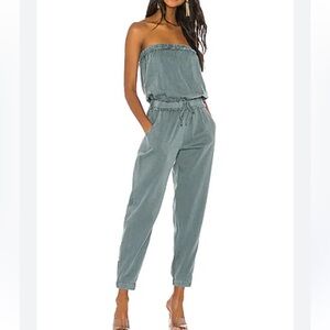 Strapless Elastic-Waist Jumpsuit in Dusty Teal